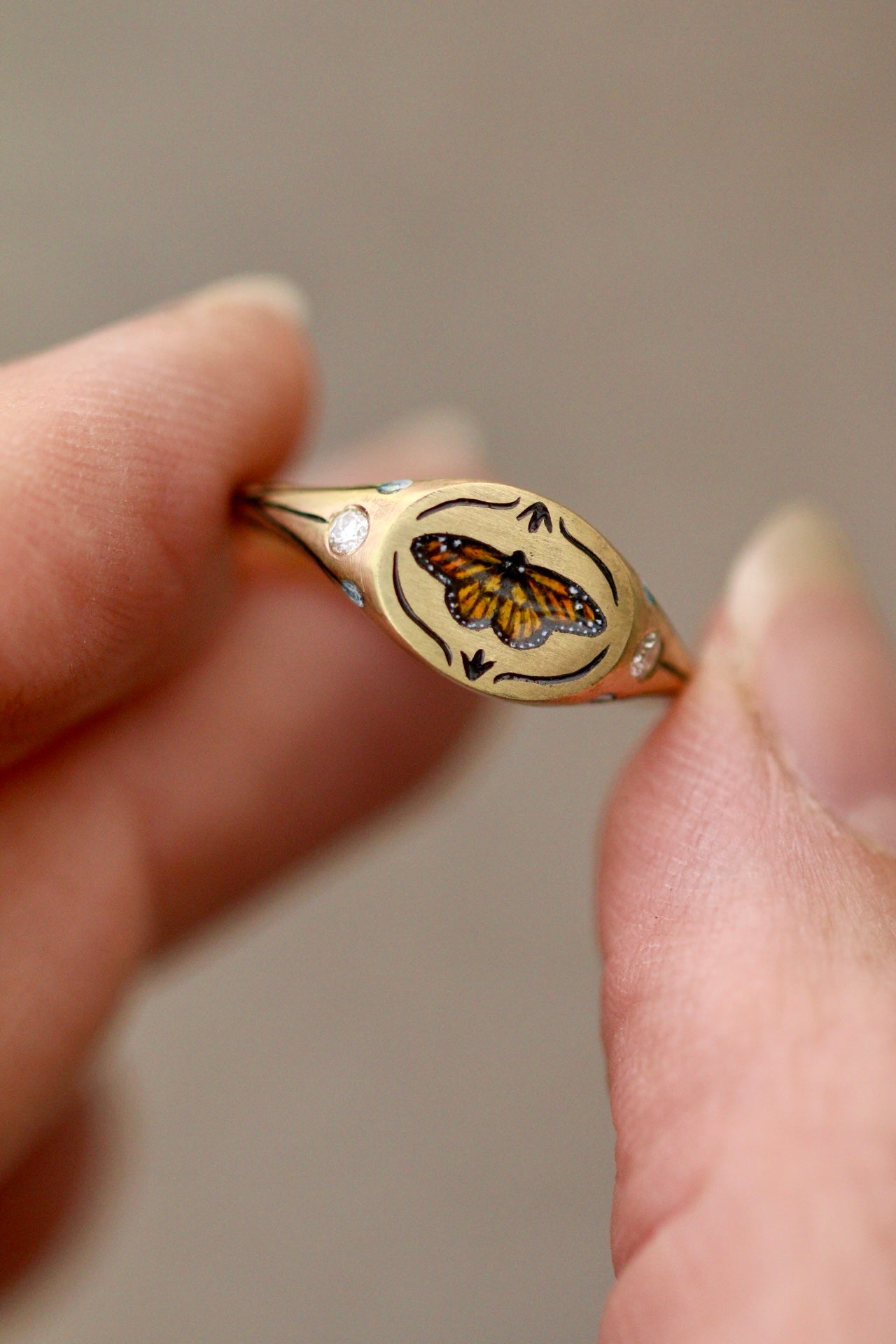 Monarch butterfly signet ring in solid 14k gold
