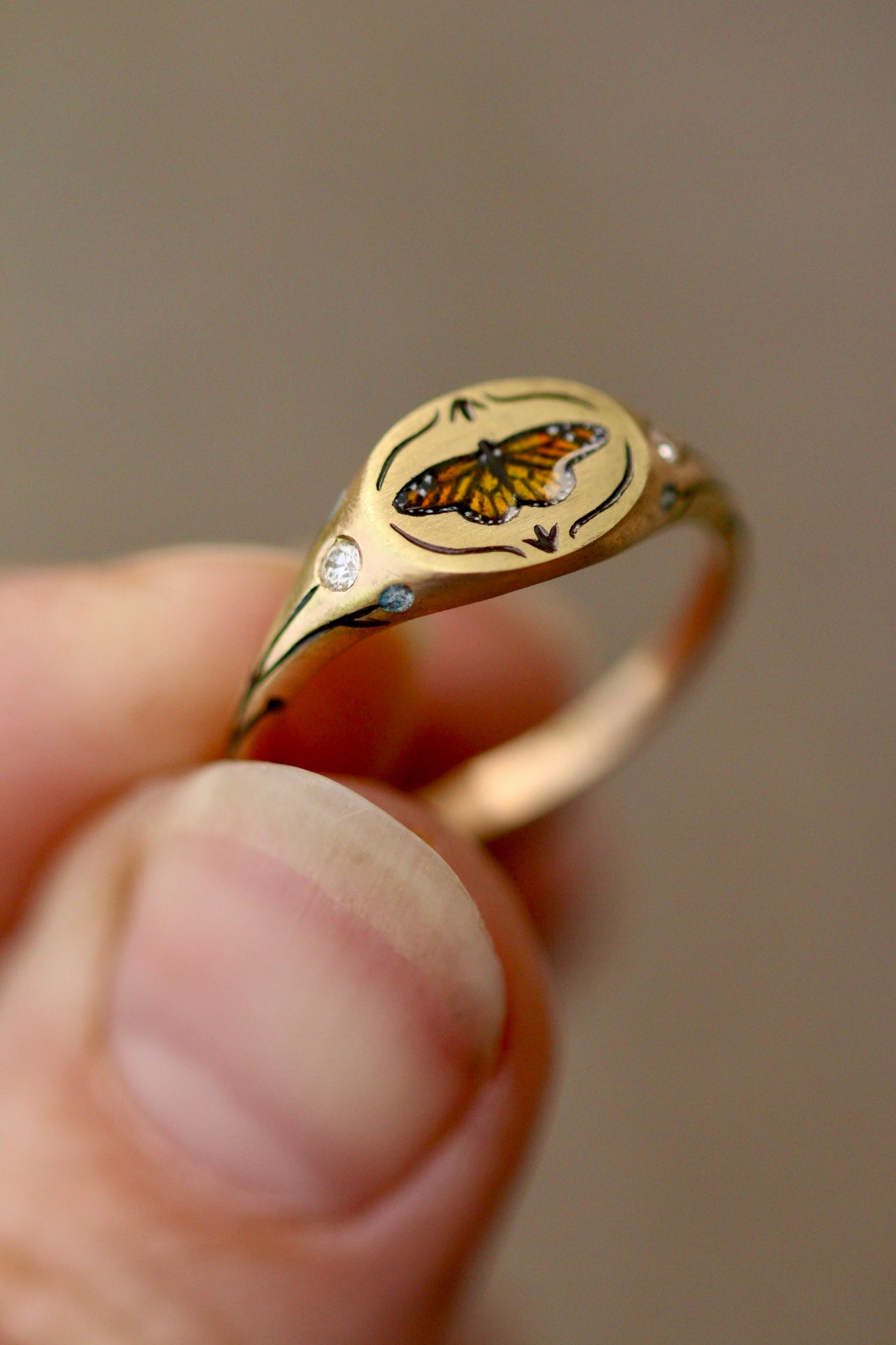 Monarch butterfly signet ring in solid 14k gold