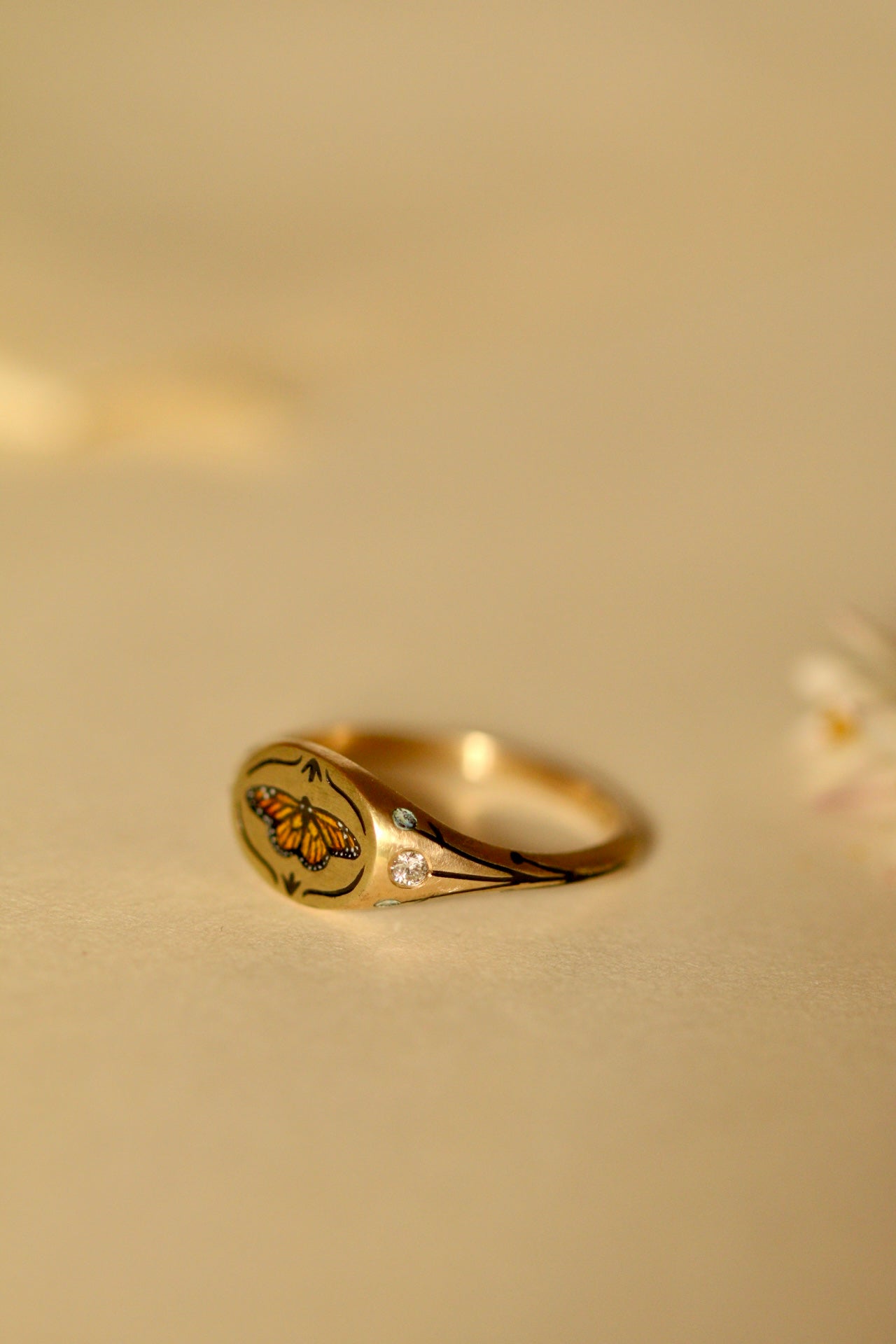 Monarch butterfly signet ring in solid 14k gold