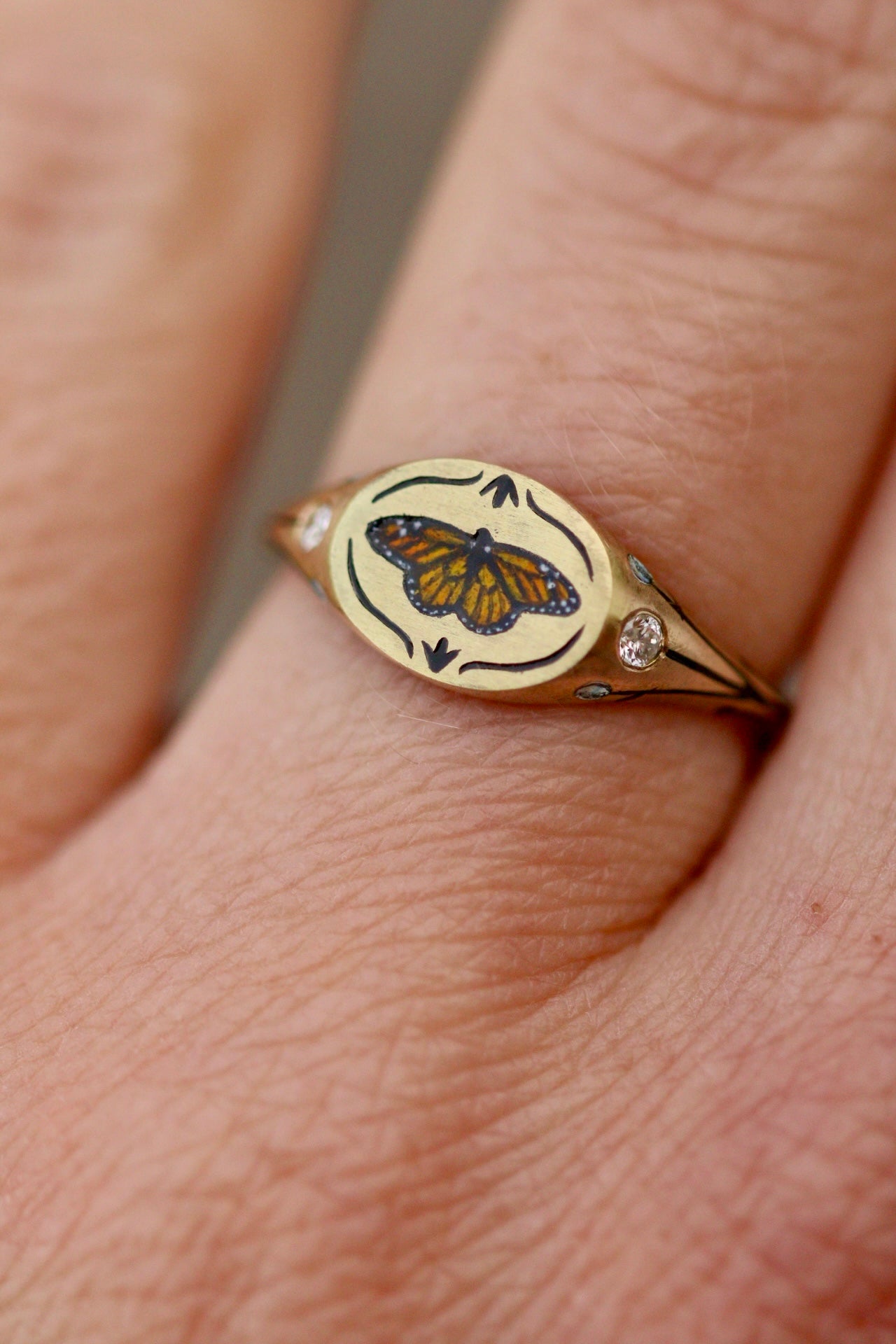 Monarch butterfly signet ring in solid 14k gold