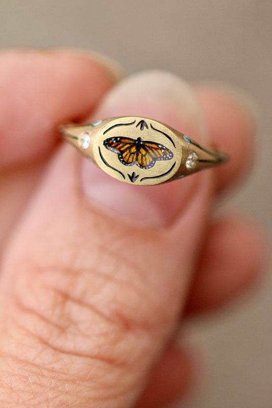 Monarch butterfly signet ring in solid 14k gold