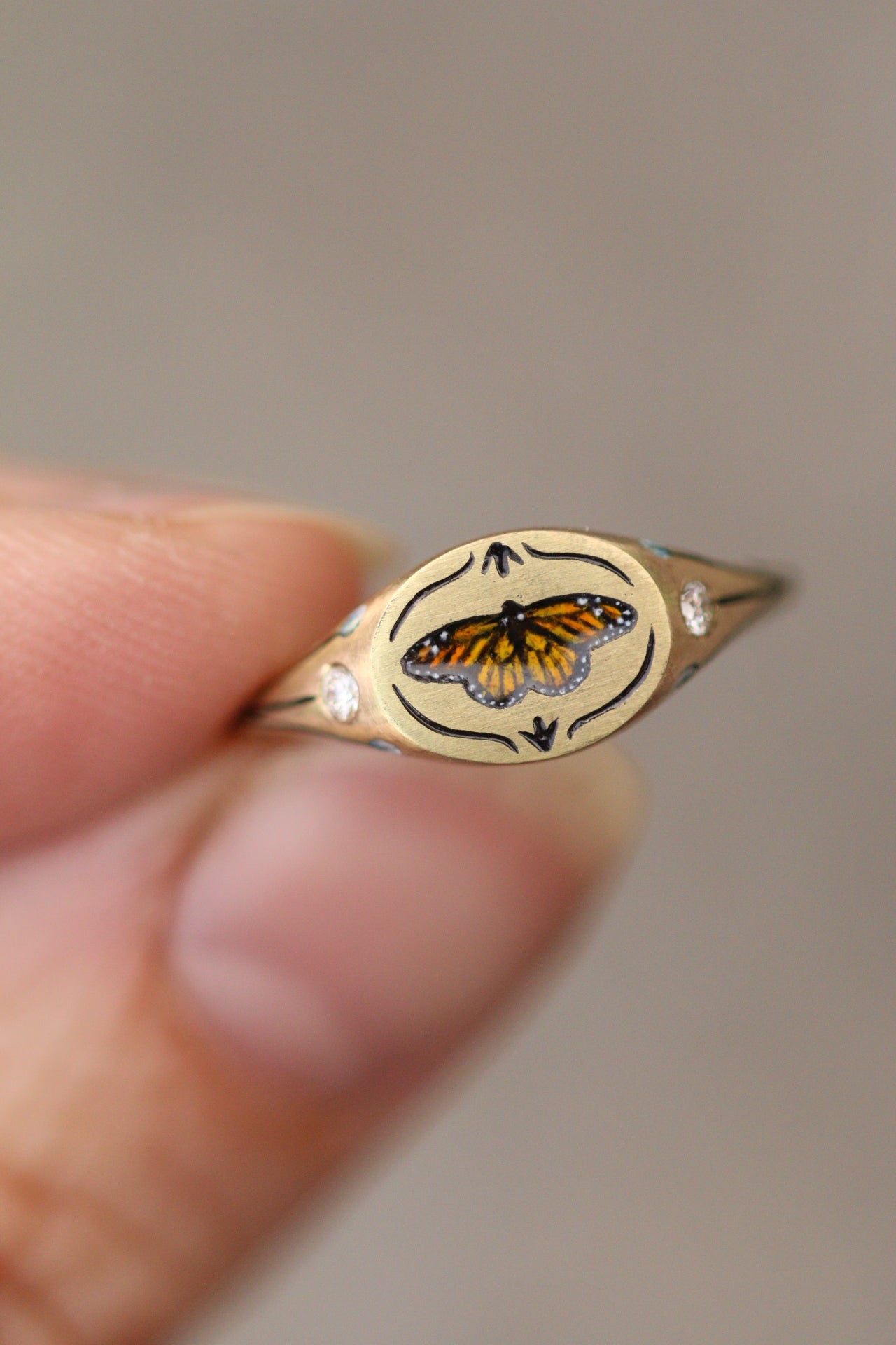 Monarch butterfly signet ring in solid 14k gold