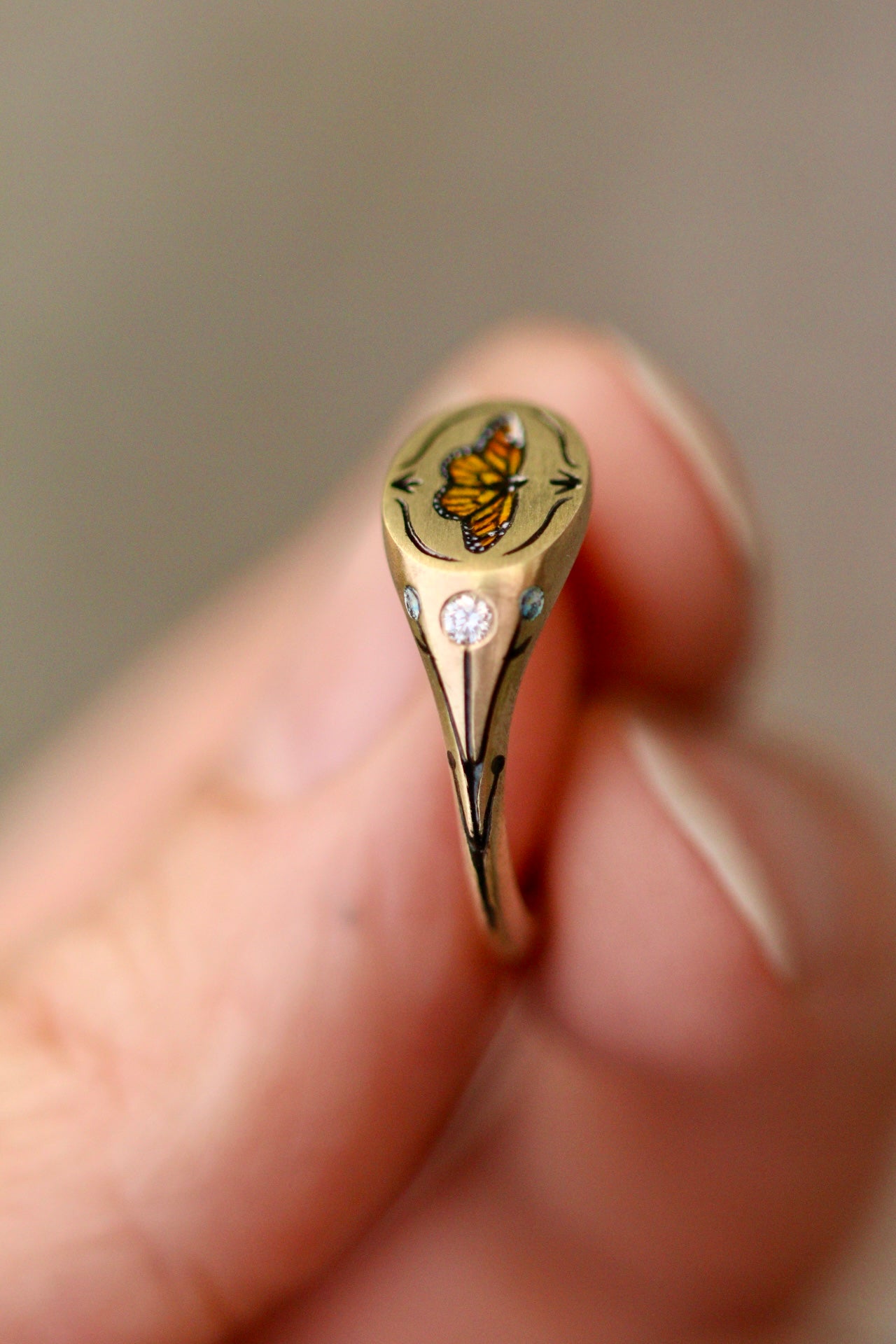 Monarch butterfly signet ring in solid 14k gold