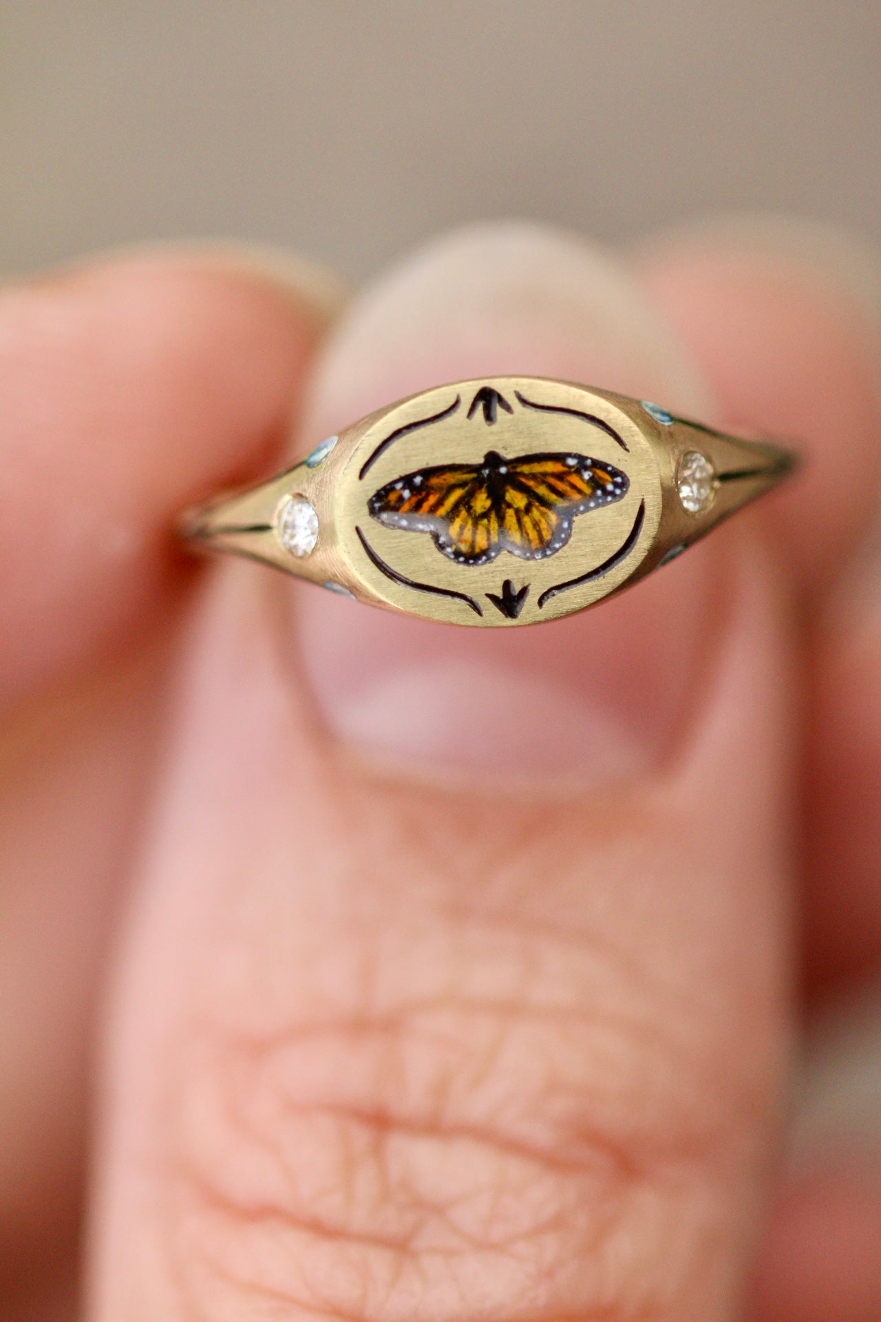 Monarch butterfly signet ring in solid 14k gold