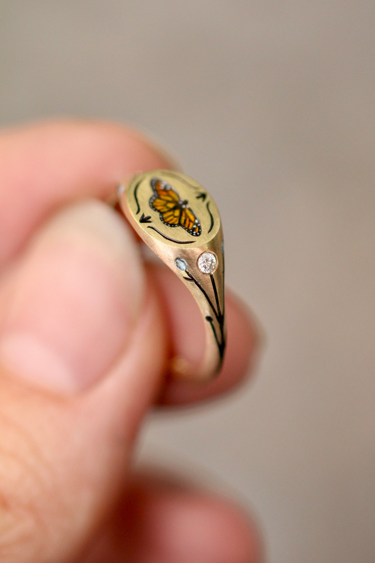 Monarch butterfly signet ring in solid 14k gold