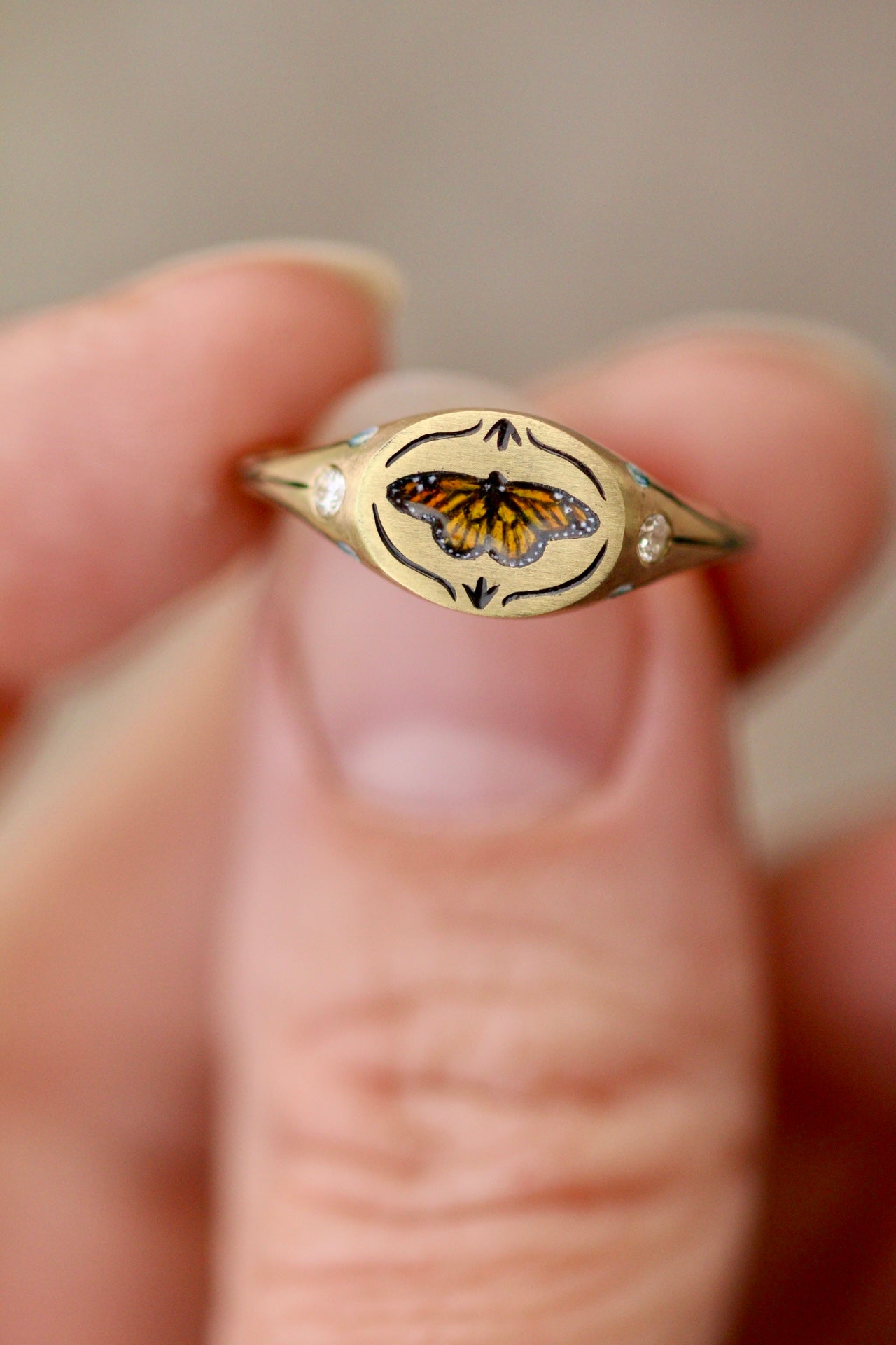 Monarch butterfly signet ring in solid 14k gold
