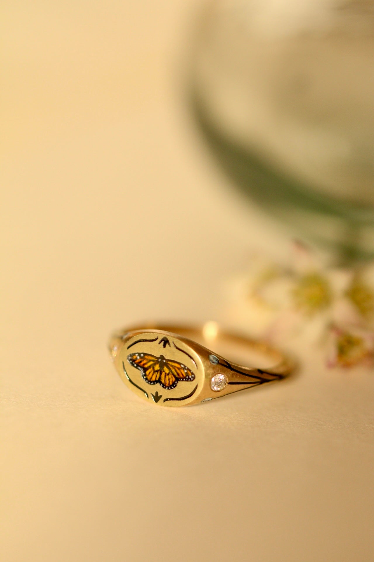 Monarch butterfly signet ring in solid 14k gold