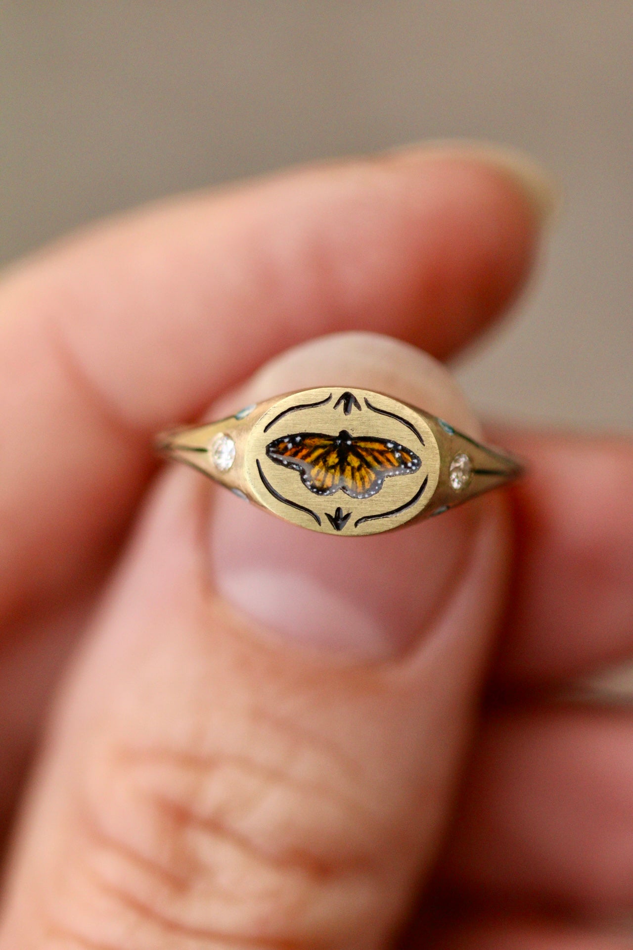 Monarch butterfly signet ring in solid 14k gold