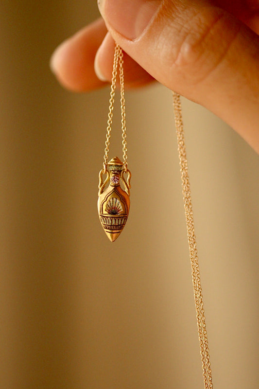 solid 14k gold amphora pendant with shell and sapphire