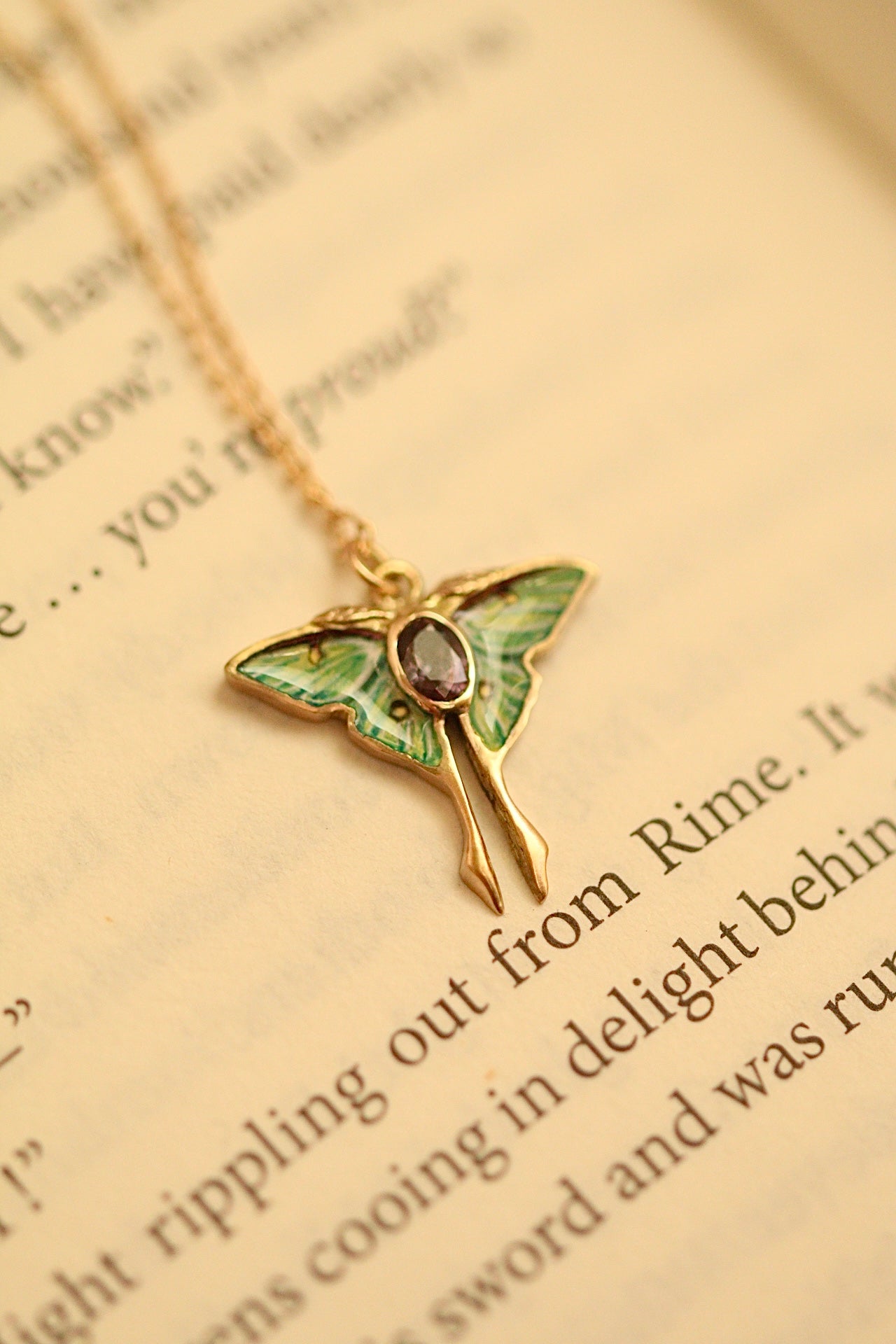 Solid 14k gold luna moth pendant