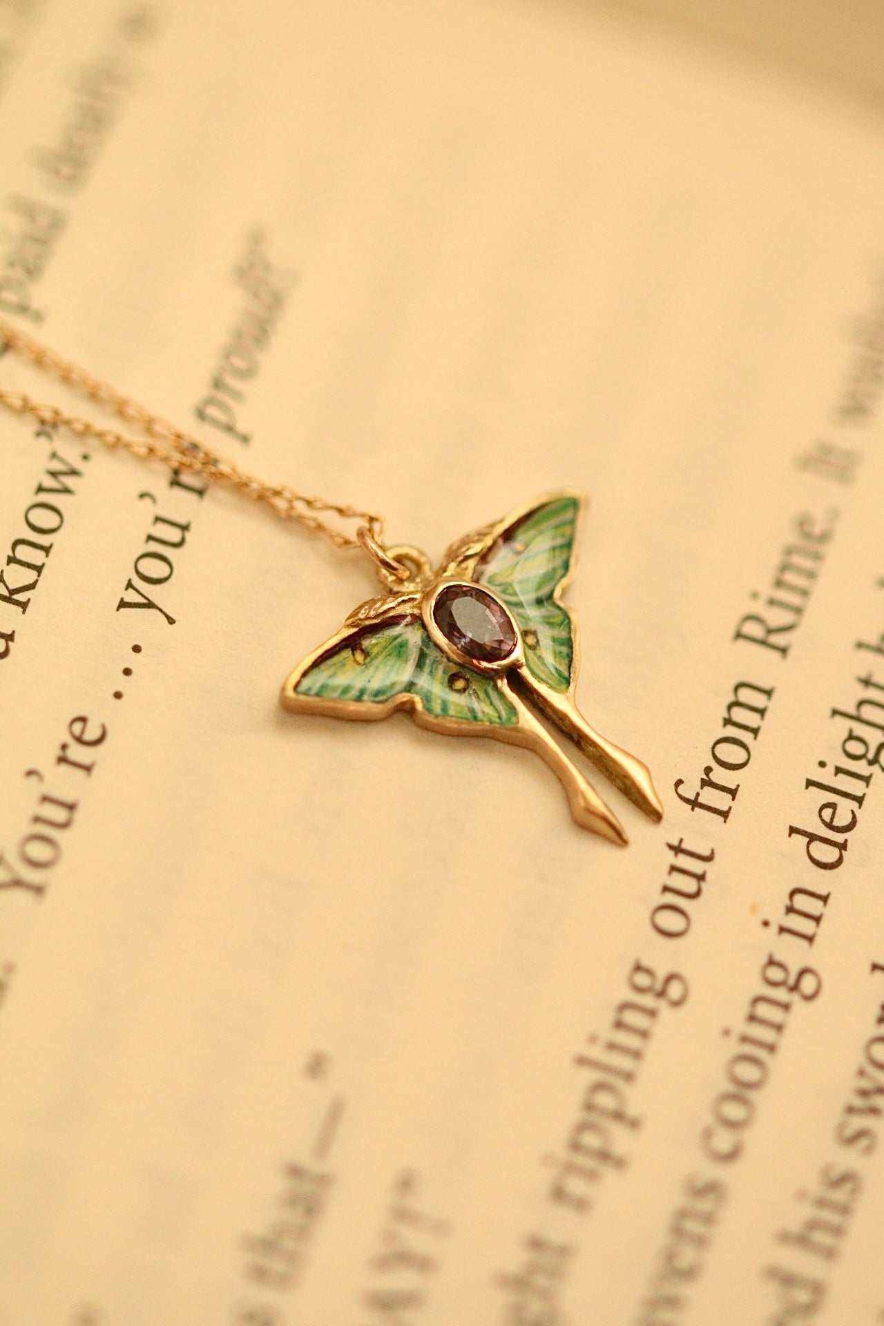 Solid 14k gold luna moth pendant