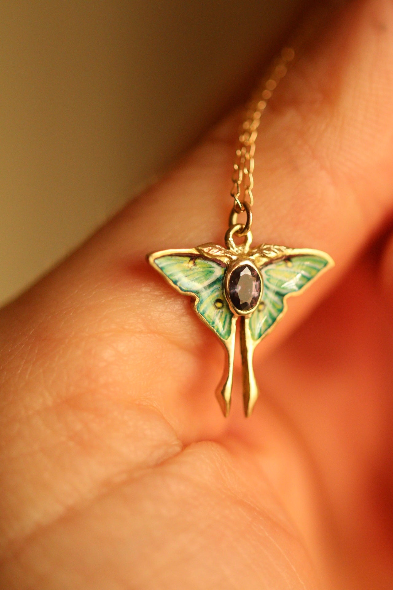 Solid 14k gold luna moth pendant