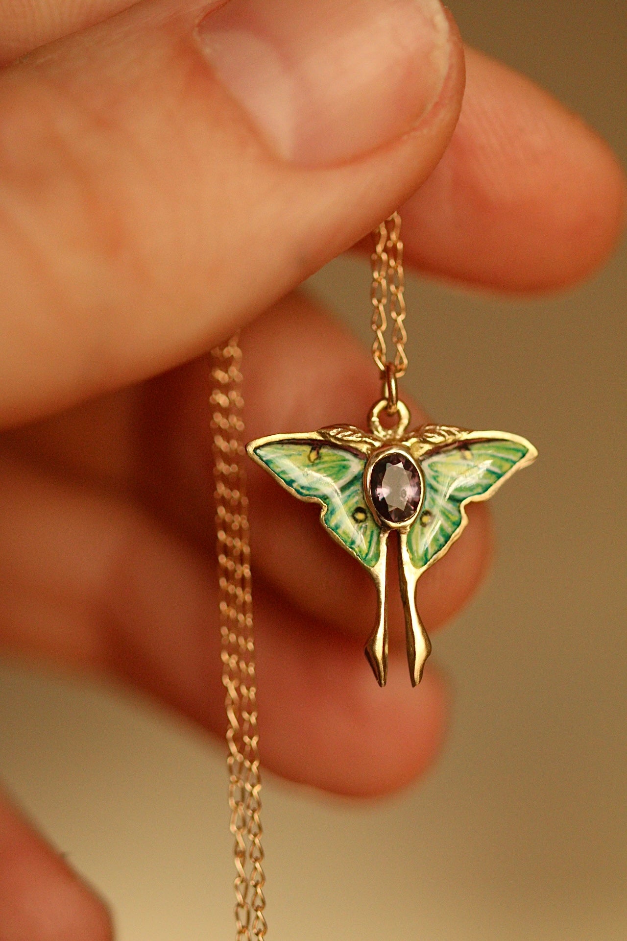 Solid 14k gold luna moth pendant