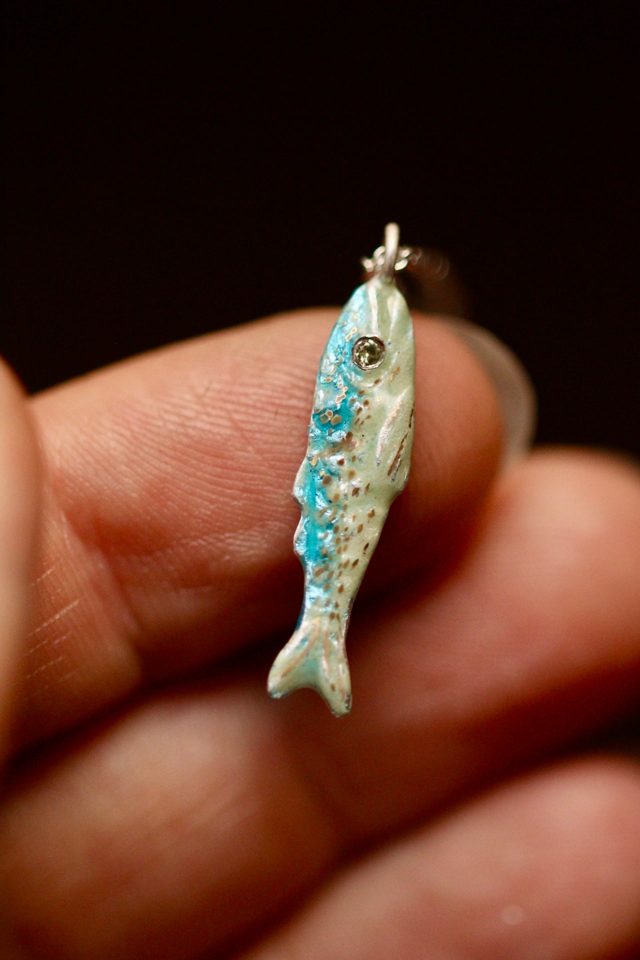 Enamel fish pendant with sapphire