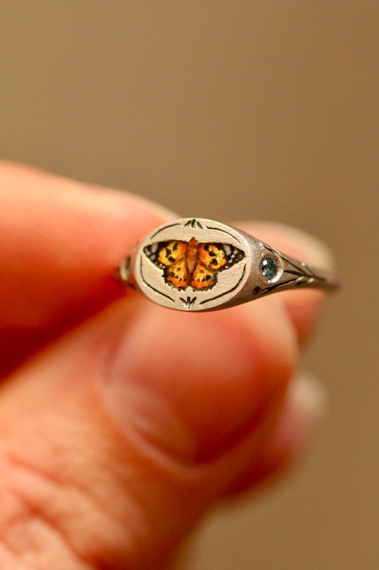 Painted lady signet ring- US size 6 1/4