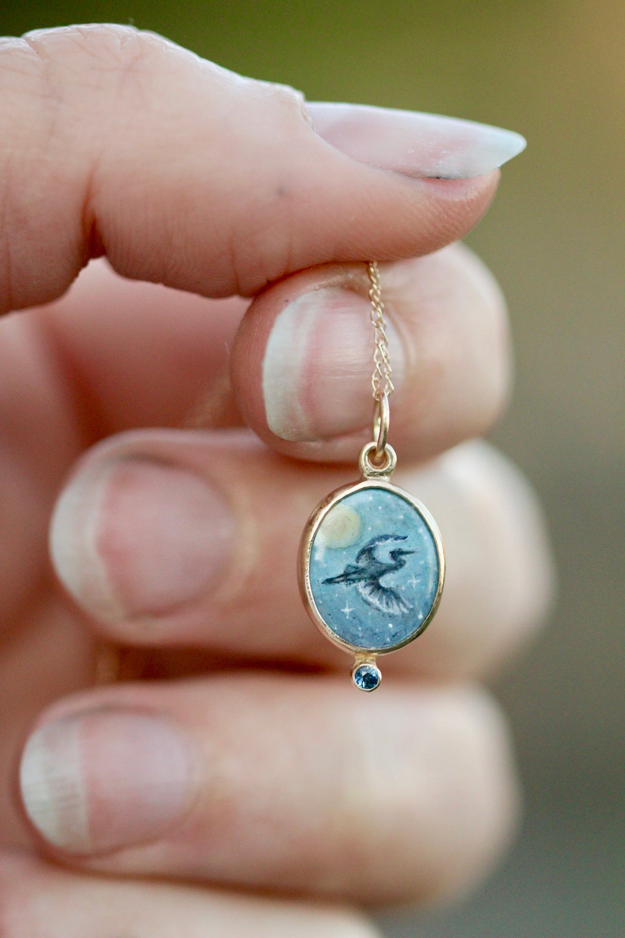 Blue heron pendant in solid 14k gold
