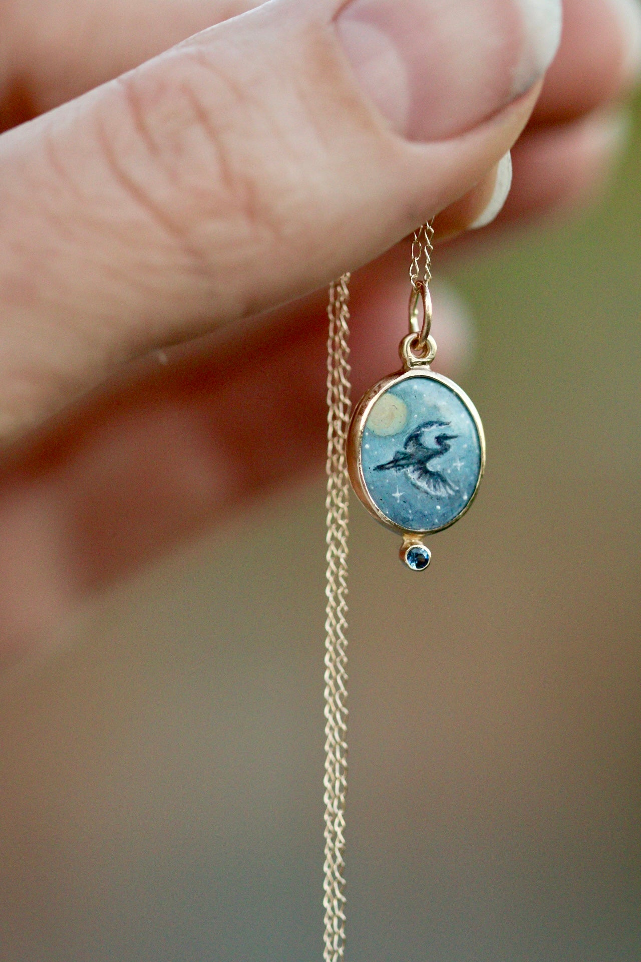 Blue heron pendant in solid 14k gold