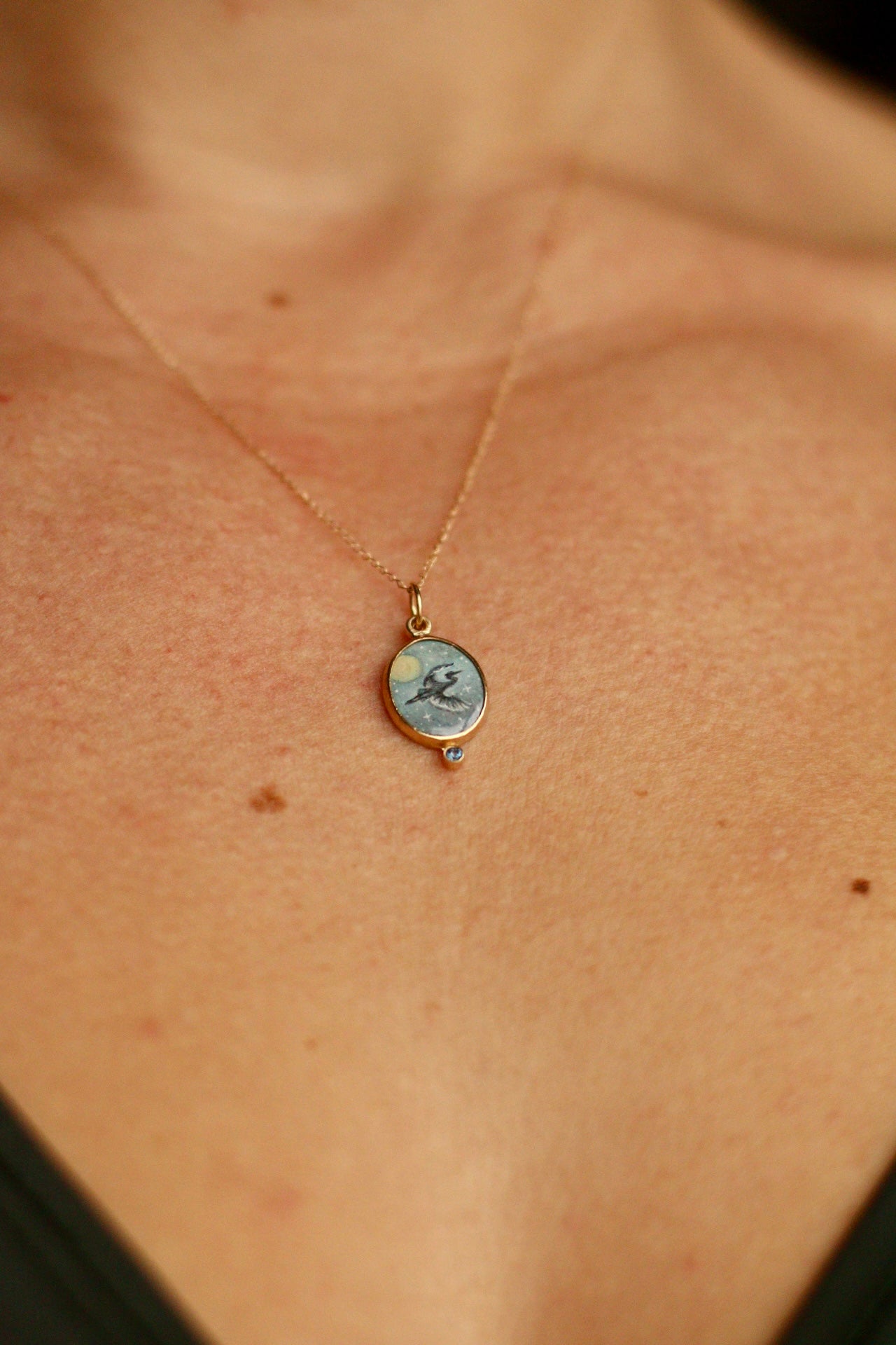Blue heron pendant in solid 14k gold