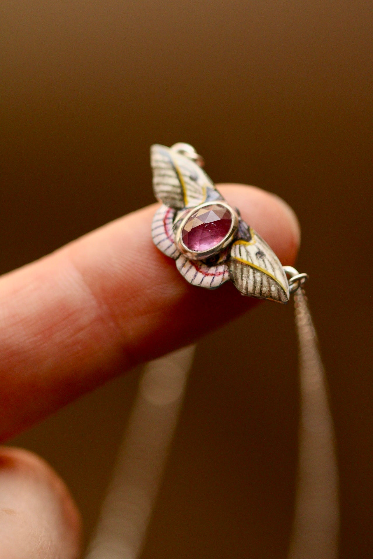 Pink silk moth pendant