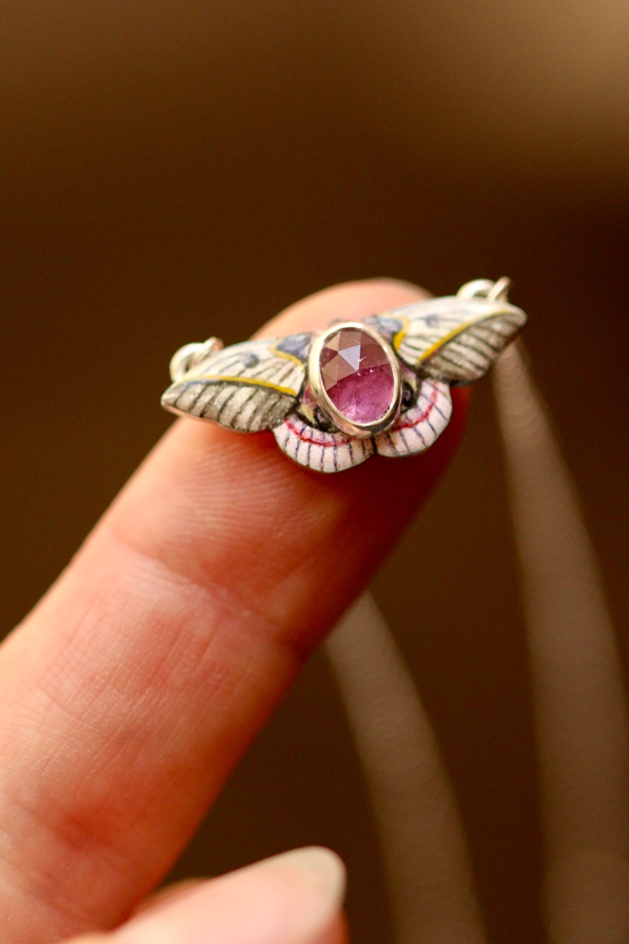 Pink silk moth pendant