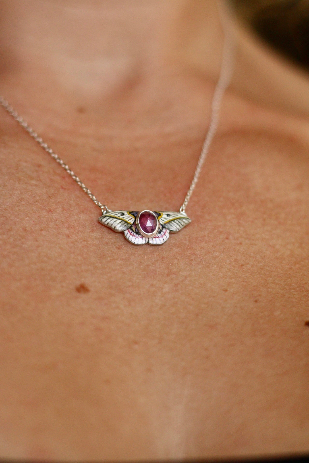 Pink silk moth pendant